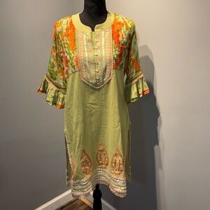 Anita Dongre iinter-pret Global Desi green with orange Embroidered Kurta Sz14‎
